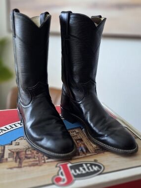 Vintage Justin Black Leather Roper Cowboy Boots